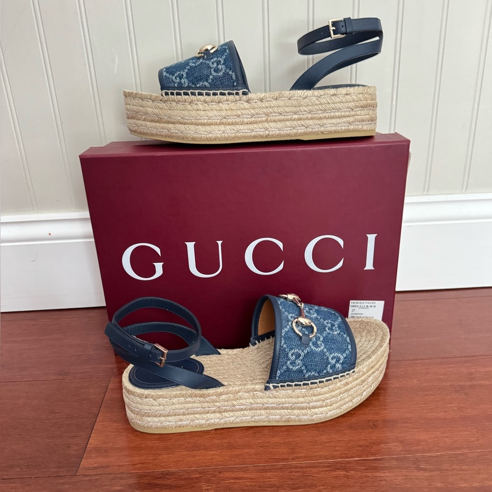 Gucci GG Logo Paloma Horsebit Platform Espadrille Sandals Denim Various Sizes